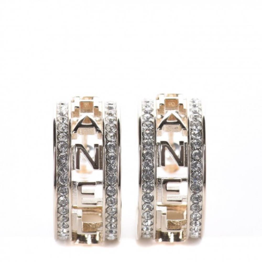 CHANEL Metal Crystal Hoop Earrings Gold
